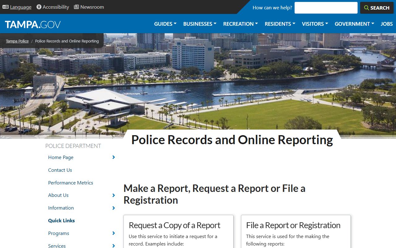 Tampa Police Department records page for Tampa busted mugshots and arrest records