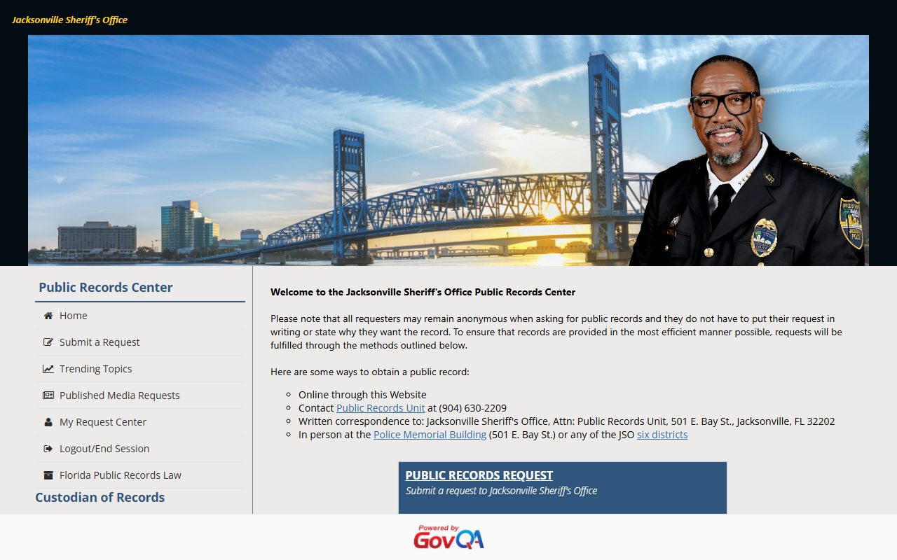 Duval County Jacksonville Sheriff's Office online public records portal for arrest records