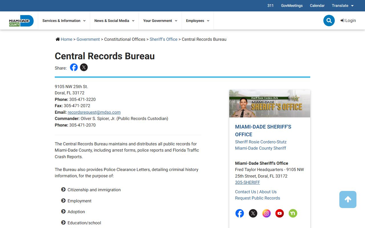 Miami-Dade County Central Records Bureau for busted mugshots and arrest records