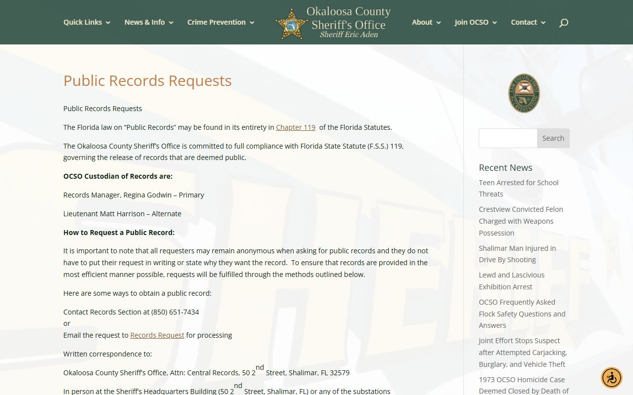 Okaloosa County Sheriff public records request page for busted mugshots
