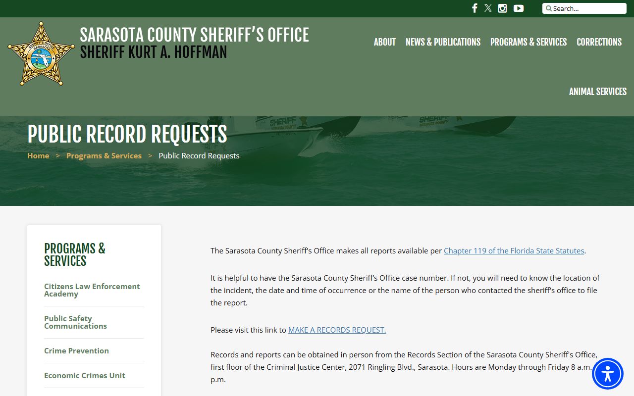 Sarasota County Sheriff public records request page for busted mugshots and arrest data