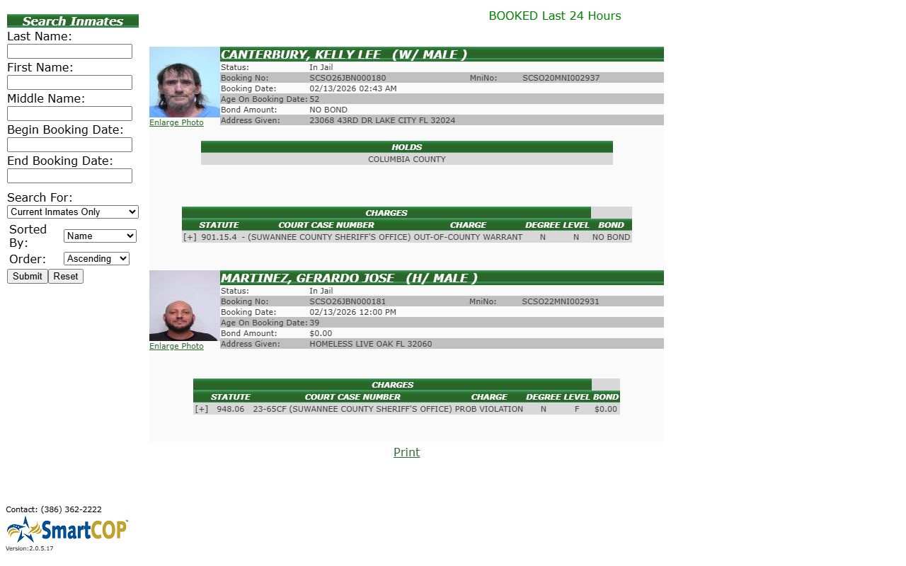 Suwannee County Sheriff SmartCop inmate search for busted mugshots