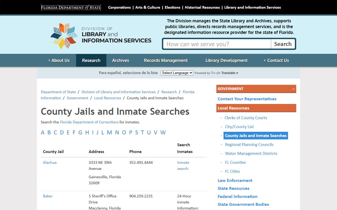 Florida Department of State county jails directory for mugshot searches