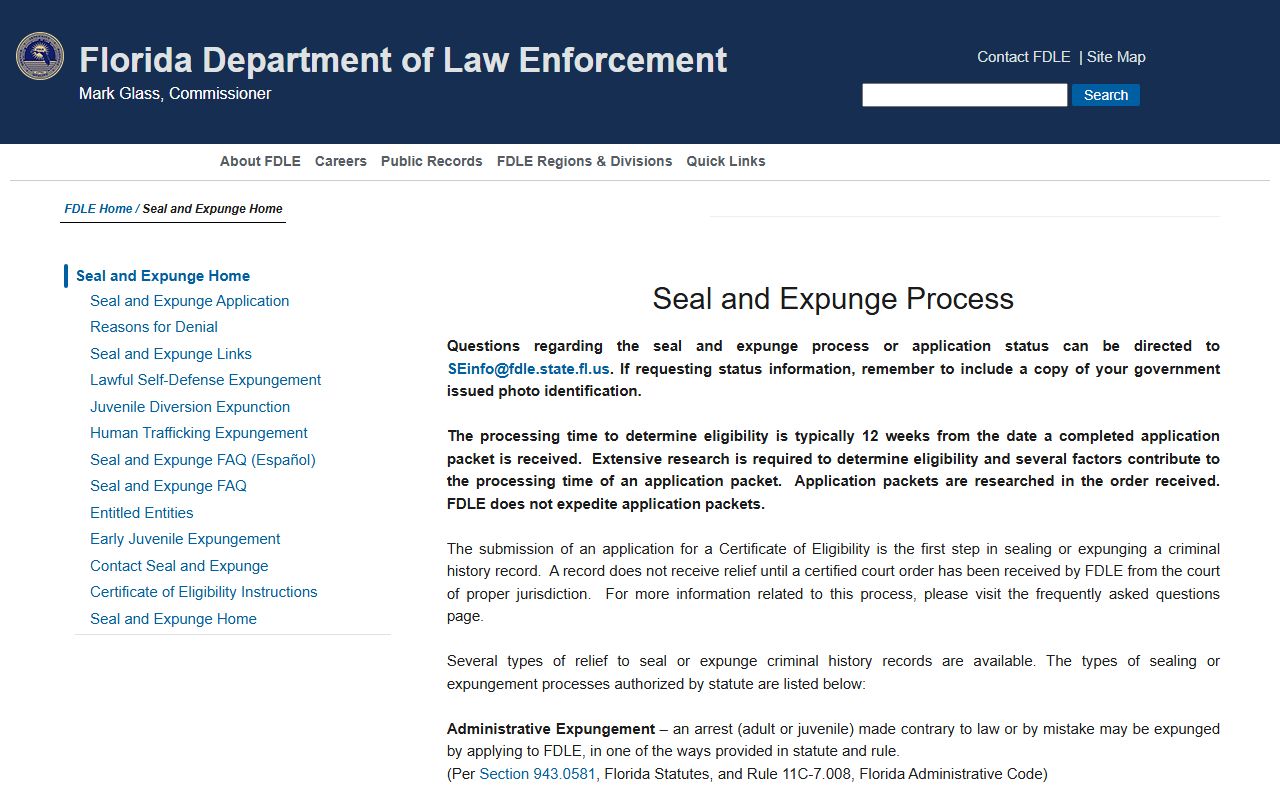 FDLE seal and expunge process page for removing Florida mugshots