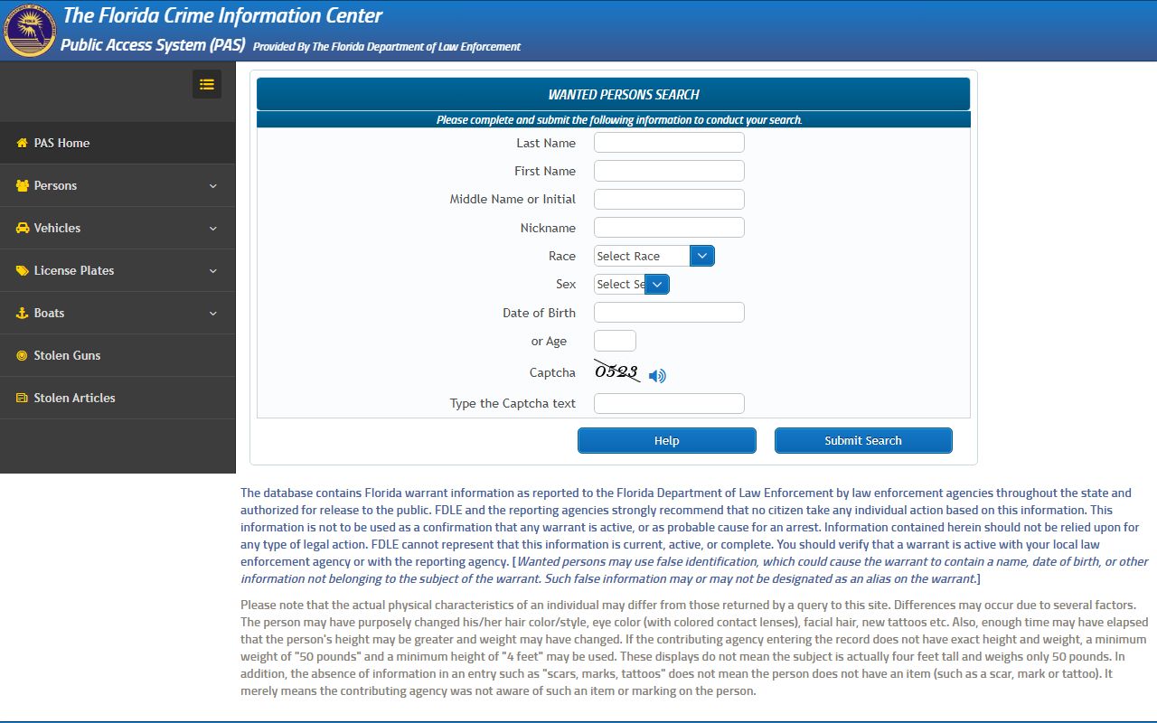 FDLE Wanted Persons Database for Florida warrant searches