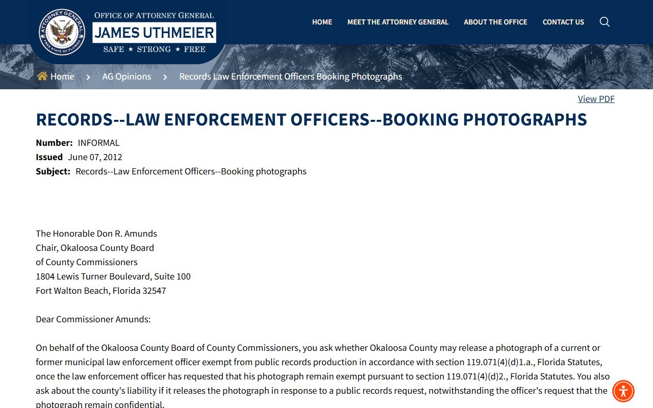 Florida Attorney General opinion on law enforcement booking photo release rules